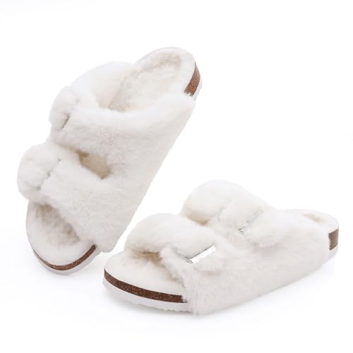 Fuzzy Slippers for Women with Cork Footbed Support (10 Colors!)