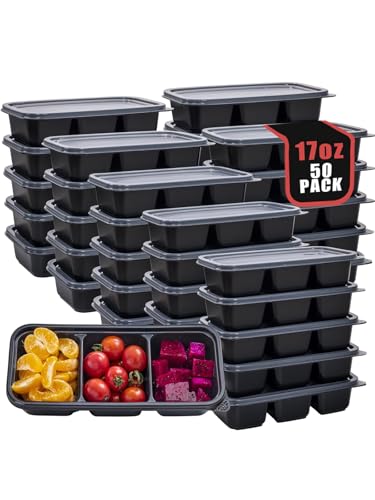 50 Pack Meal Prep Containers 3 Compartment with Lids