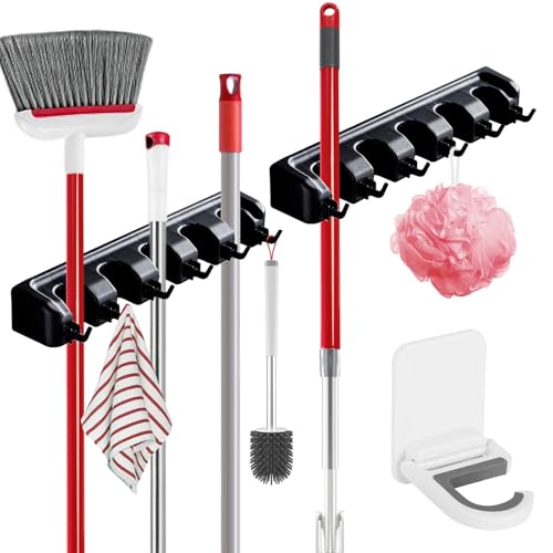 2 Pack Broom Holder Wall Mount Mop Organizer Hooks