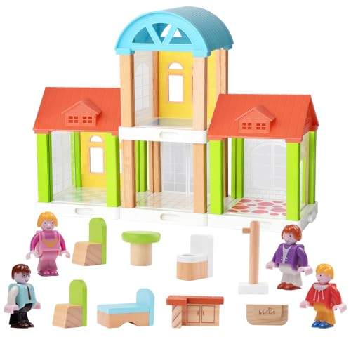Wooden Dollhouse Set with Furniture and Family Dolls