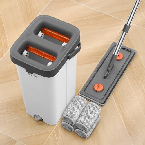 Flat Mop and Bucket Set with Wringer, 4 Pads