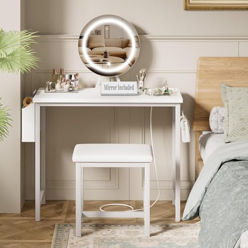 Small Vanity Desk with Mirror, Lights, Chair, Outlet