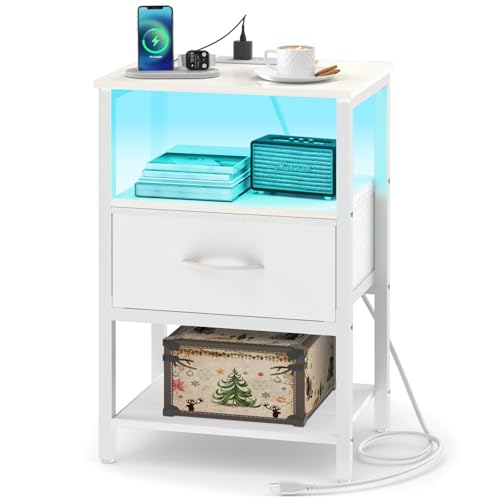 Nightstand with Charging Station and LED, 3-Tier Drawer