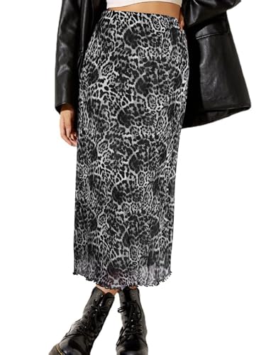 High Waist Leopard Print Mesh Midi Skirt for Women