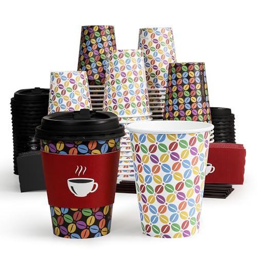 100 Pack 12 oz Paper Coffee Cups with Lids