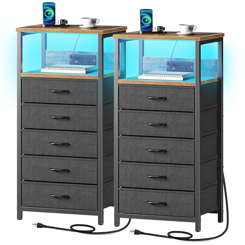 2 Pack Nightstand with Drawers, Charging Station, LED Light