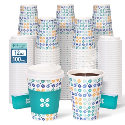 100 Pack 12 oz Disposable Coffee Cups with Lids
