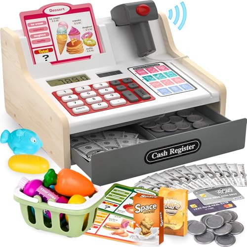 Wooden Kids Cash Register Toy with Scanner and Money