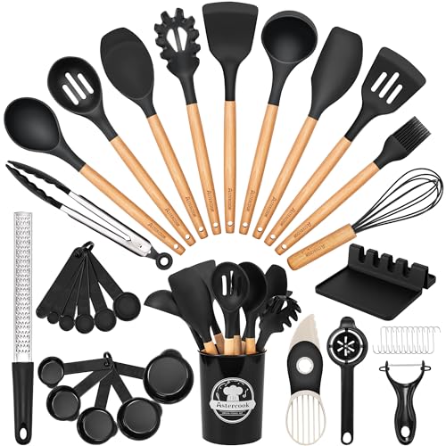 39 Piece Silicone Kitchen Utensil Set with Wooden Handles