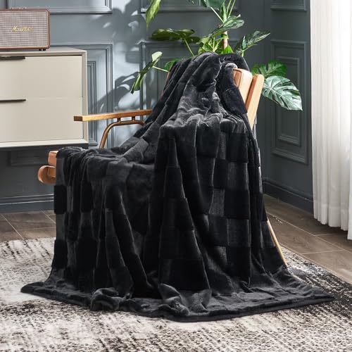 Checkered Faux Fur Throw Blanket Soft Plush for Couch