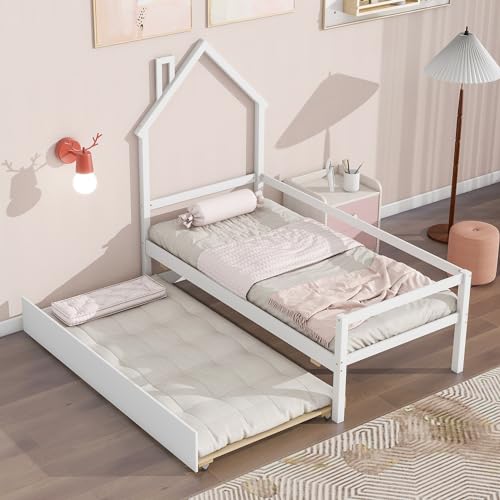 Twin Bed with Trundle, House Headboard and Guardrails