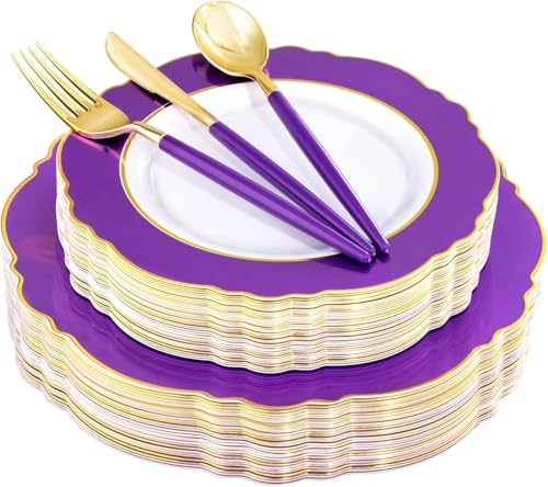 30 Guest Plastic Plates and Gold Plastic Silverware Set