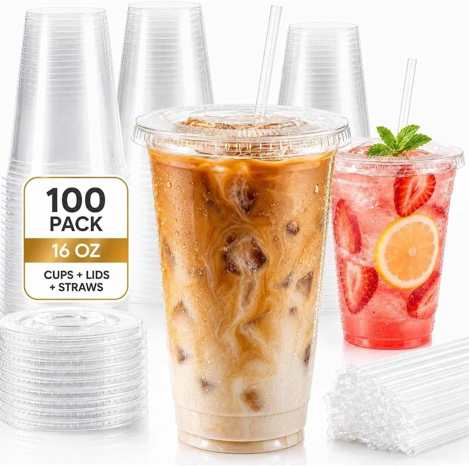100 Pack 16 oz Clear Plastic Cups with Lids and Straws