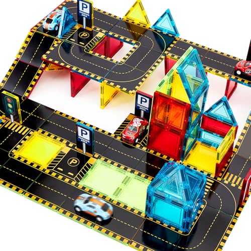 Magnetic Tiles Road Set with Cars, Construction Toys