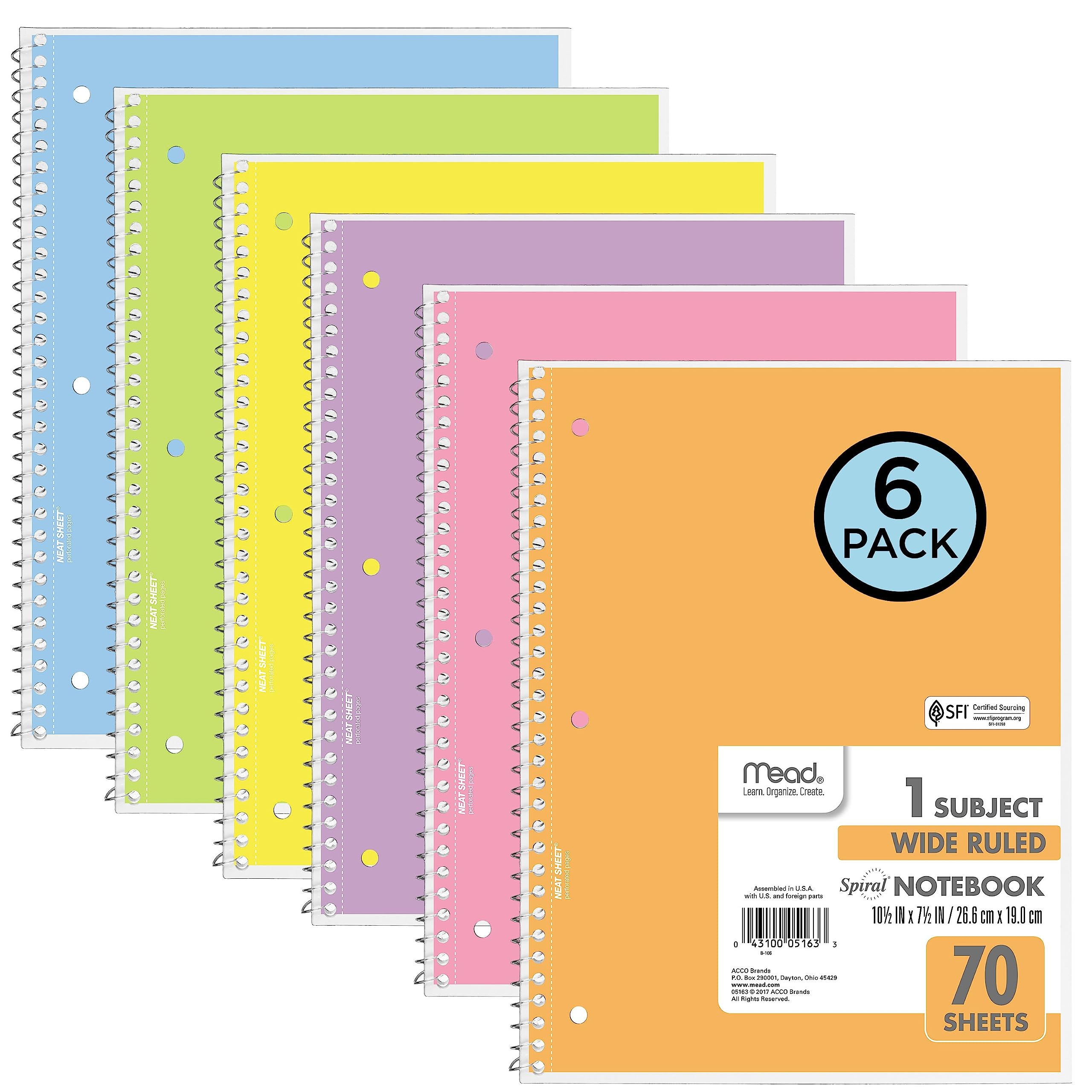 Mead 6-Pack Spiral Notebooks, Wide Ruled, Assorted Colors