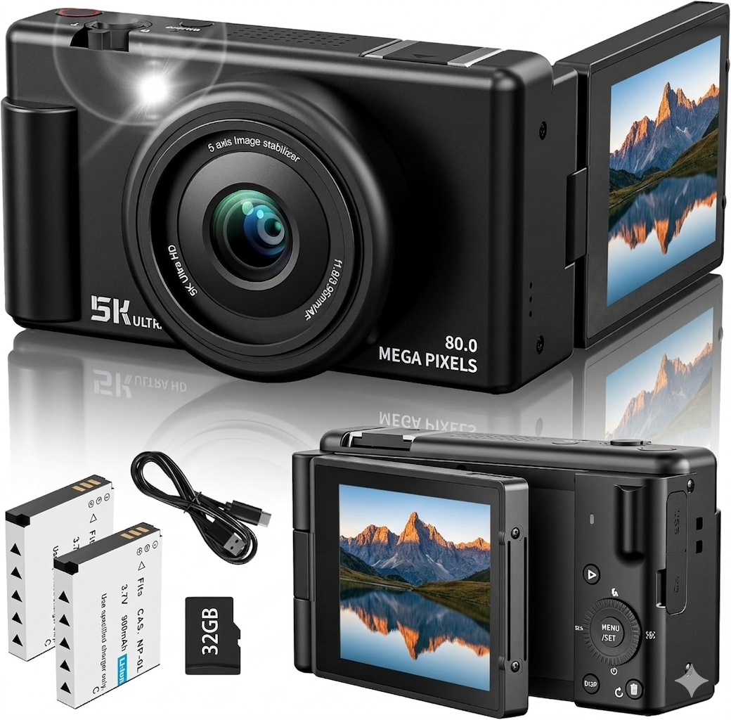 80MP 5K Digital Vlogging Camera with Flip Screen