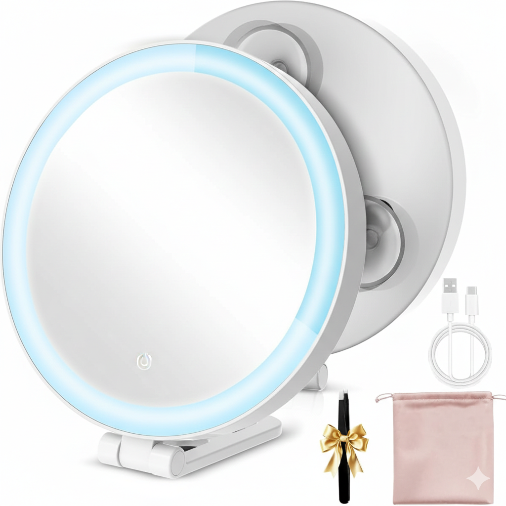 Lighted 10X Magnifying Travel Makeup Mirror