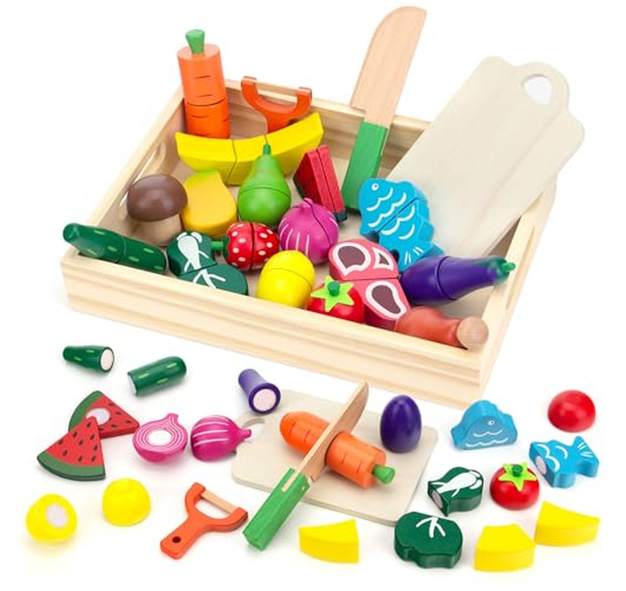 Wooden Cutting Play Food Set for Kids Kitchen