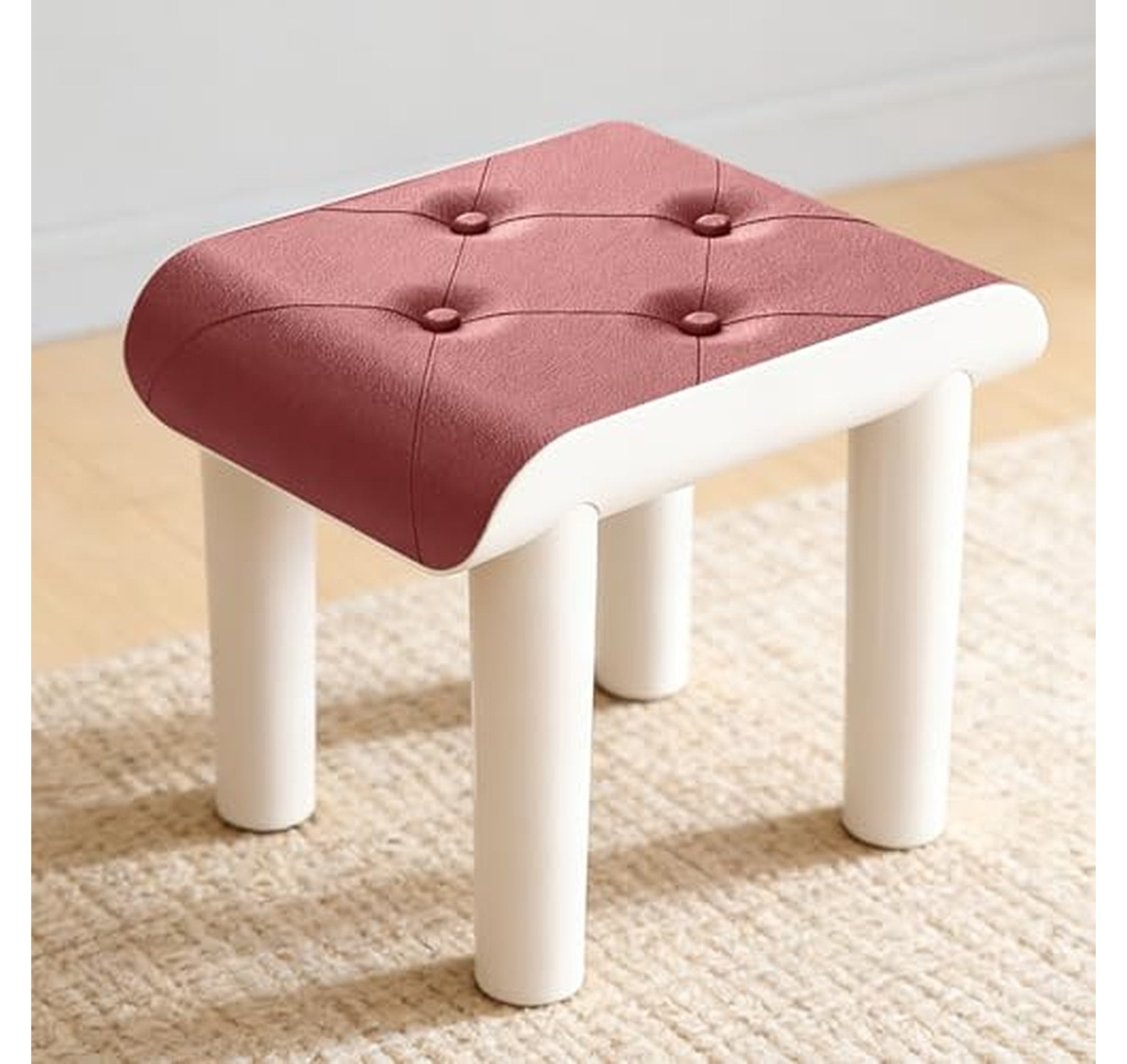 Small Faux Leather Footstool Ottoman with Wooden Legs