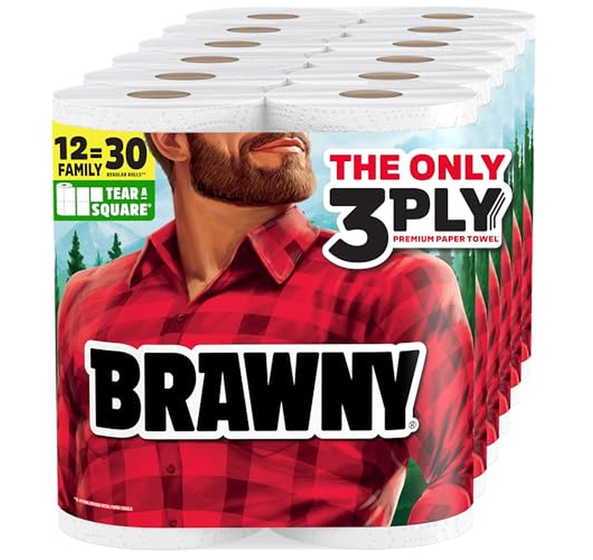12 Family Roll Brawny Tear-A-Square Paper Towels (= 30 Regular Rolls)