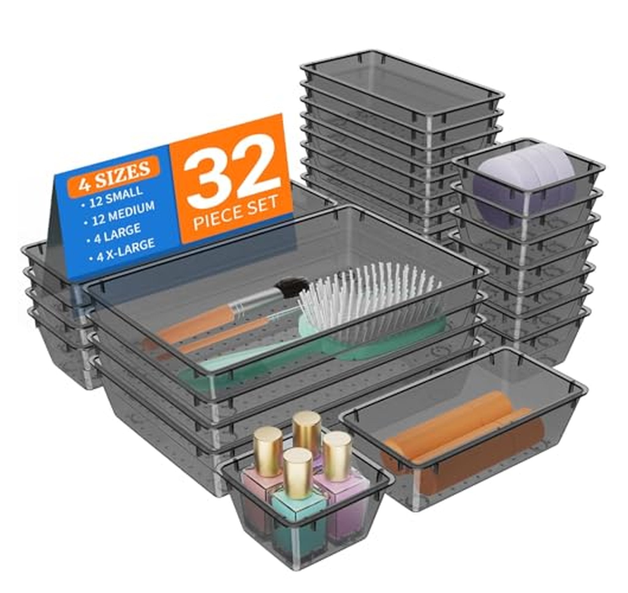 32 Pack Clear Plastic Drawer Organizer Trays Set