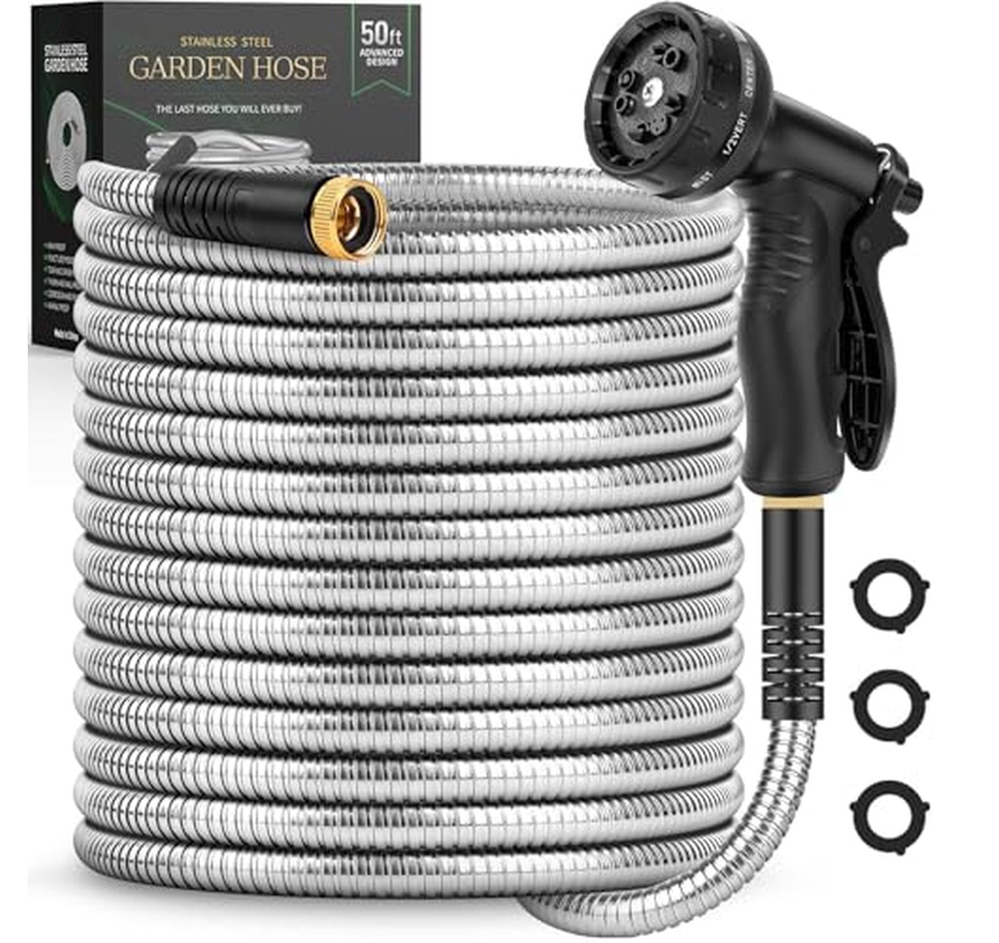 50 FT Stainless Steel Flexible Garden Hose with Nozzle