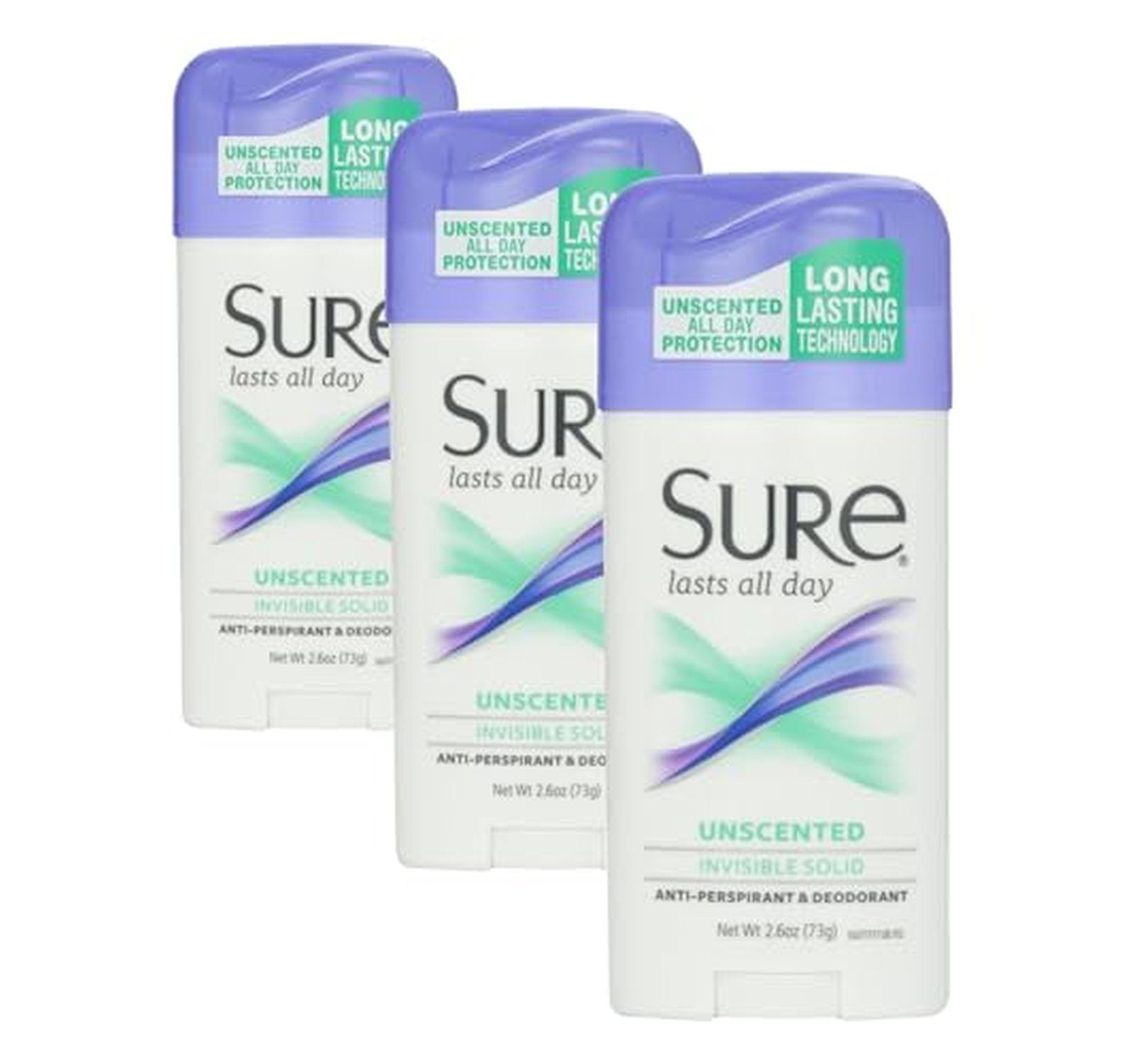 3 Pack Sure Unscented Invisible Solid Deodorant 2.6 oz