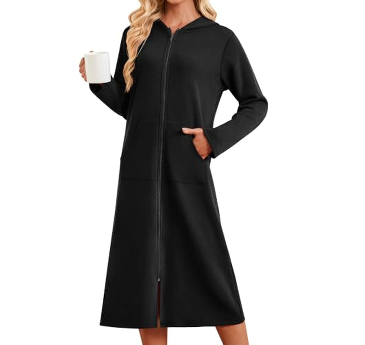 Hooded Zip Fleece Bathrobe with Pockets