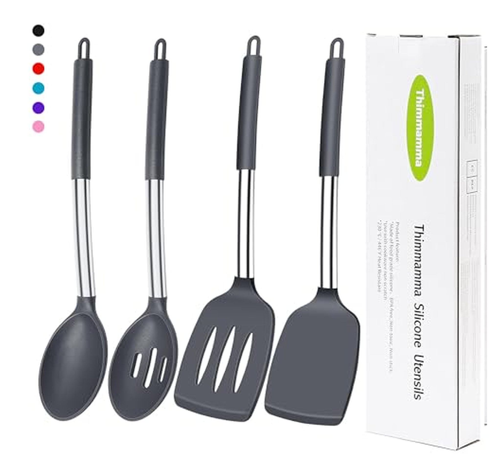 4 Pack Silicone Spatula Spoon Set with Steel Handles