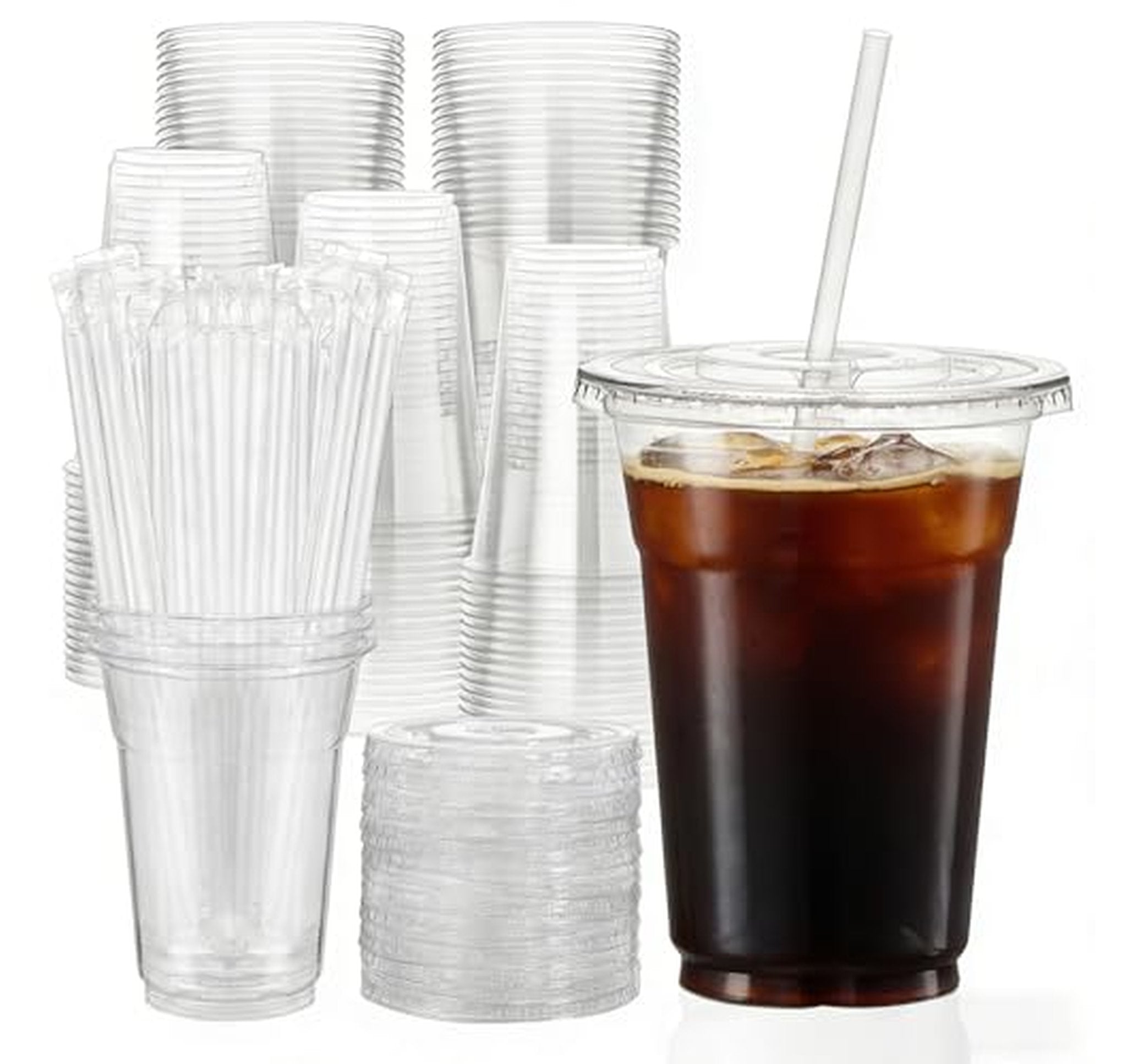 100 Pack 16 oz Plastic Cups with Lids and Straws