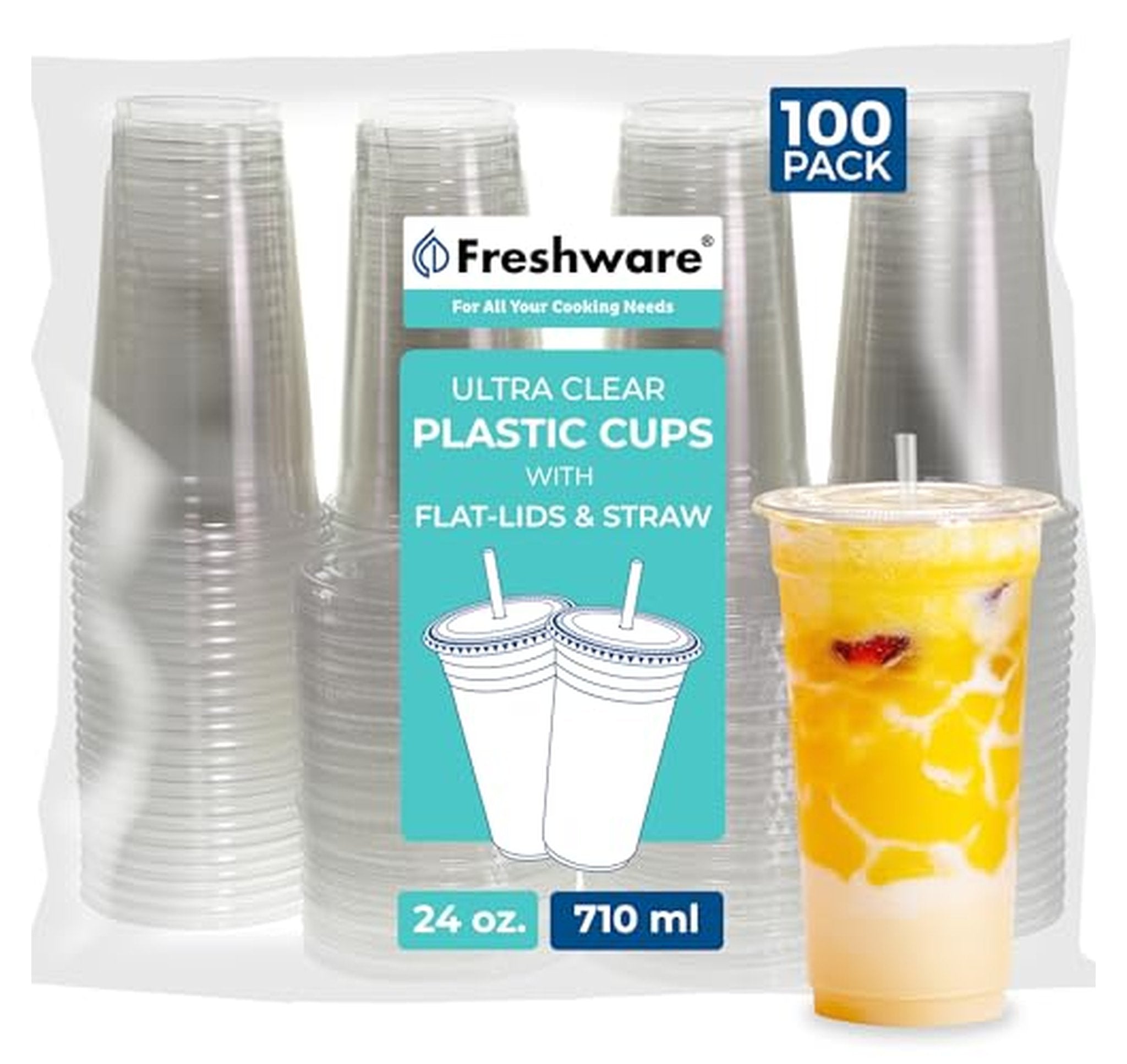 100 Count 24 oz Plastic Cups with Lids and Straws