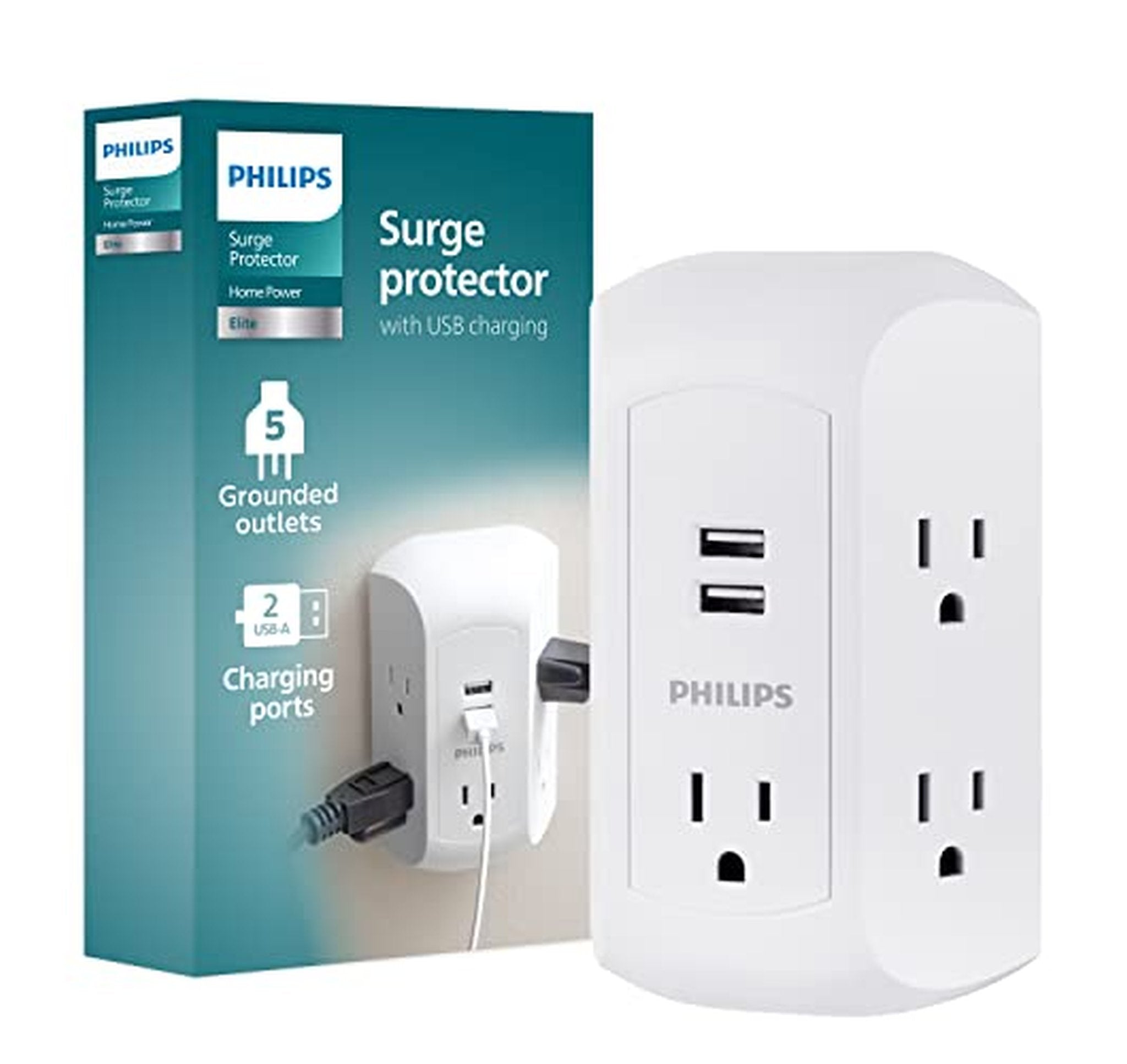Philips 5-Outlet Surge Protector Wall Tap with USB
