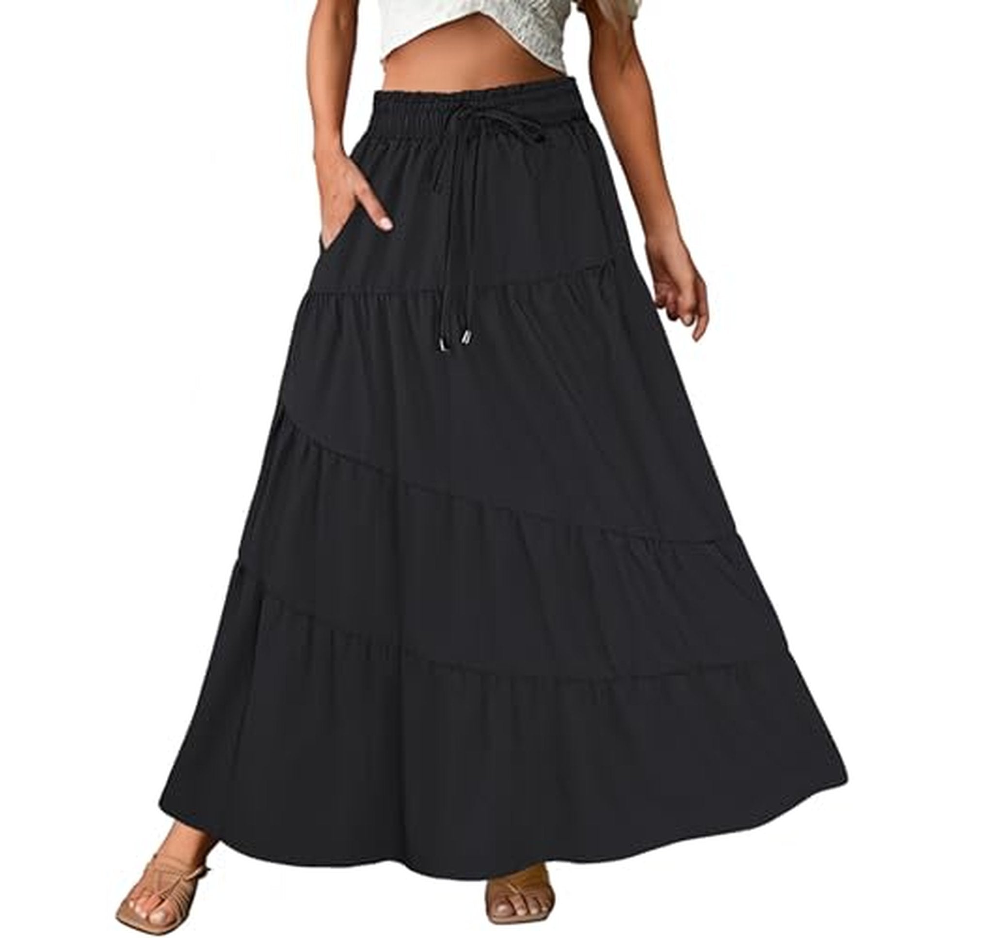 Boho Tiered High Waist Maxi Skirt with Pockets
