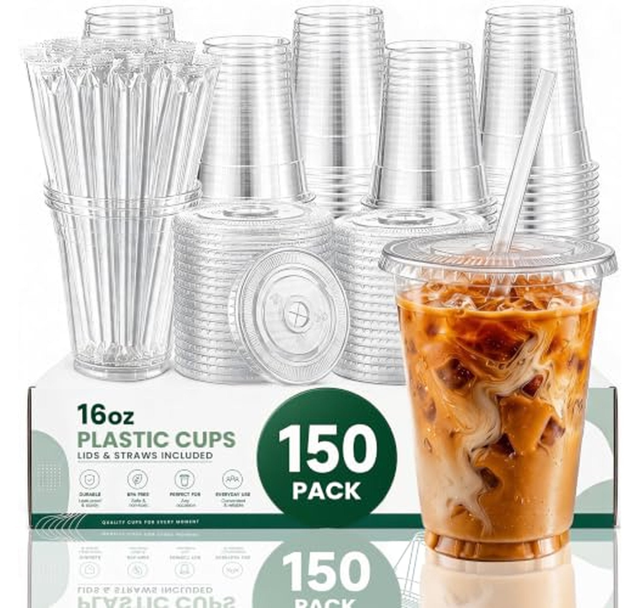 150 Pack 16 oz Plastic Cups with Lids and Straws