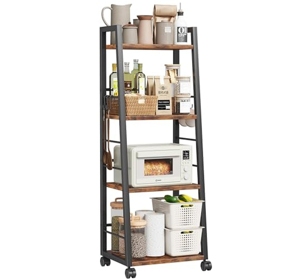 4 Tier Rolling Kitchen Storage Cart with Hooks
