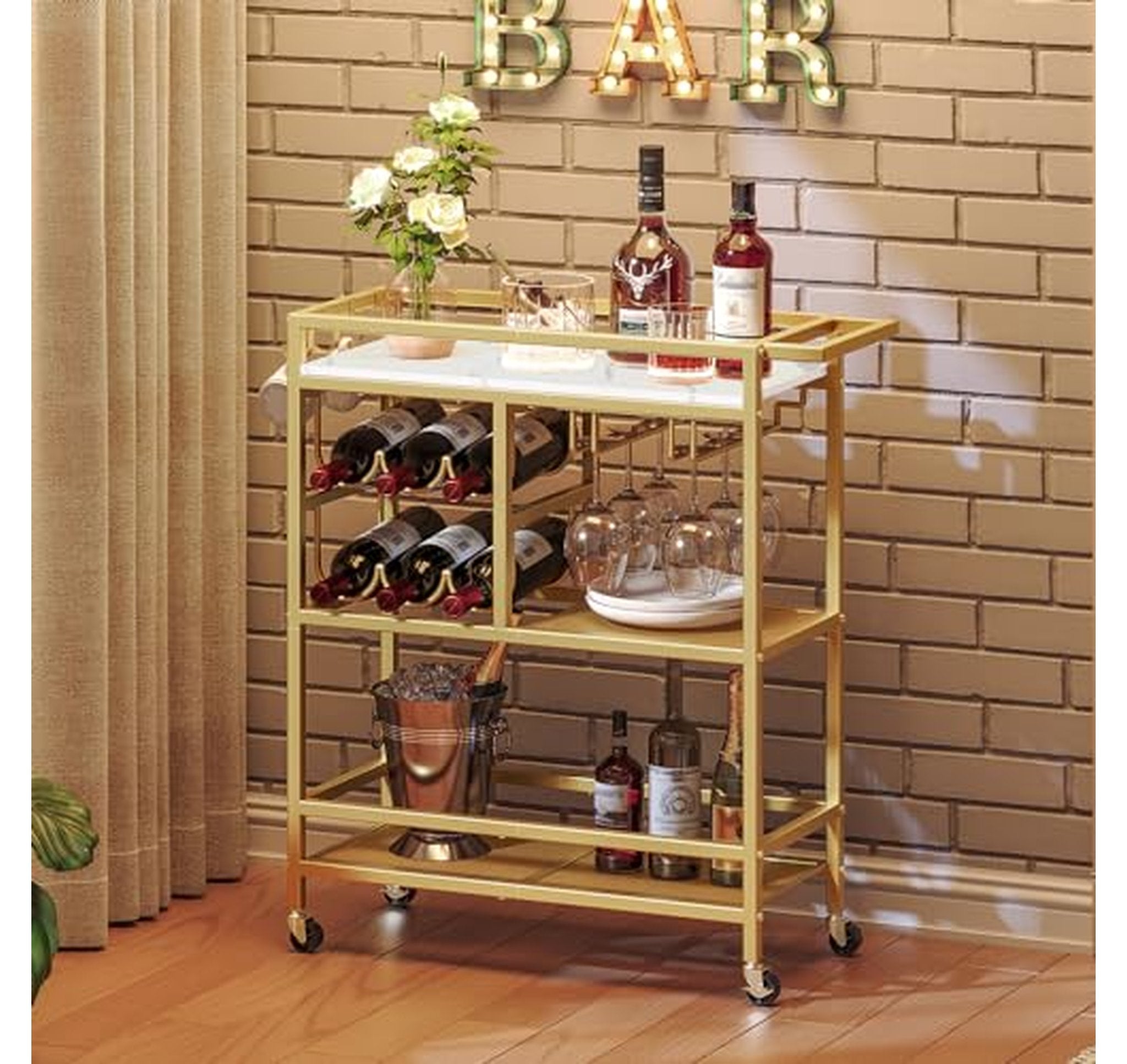 3-Tier Rolling Bar Cart with Wine Rack