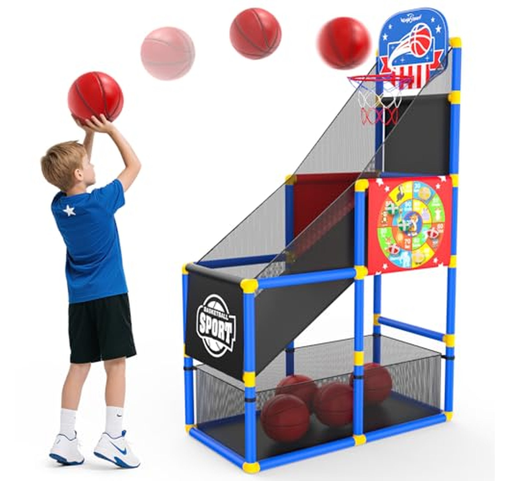 Adjustable Kids Arcade Basketball Hoop and Dartboard