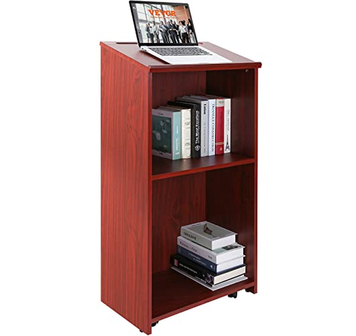 Rolling Podium Stand with Storage Shelves and Desktop
