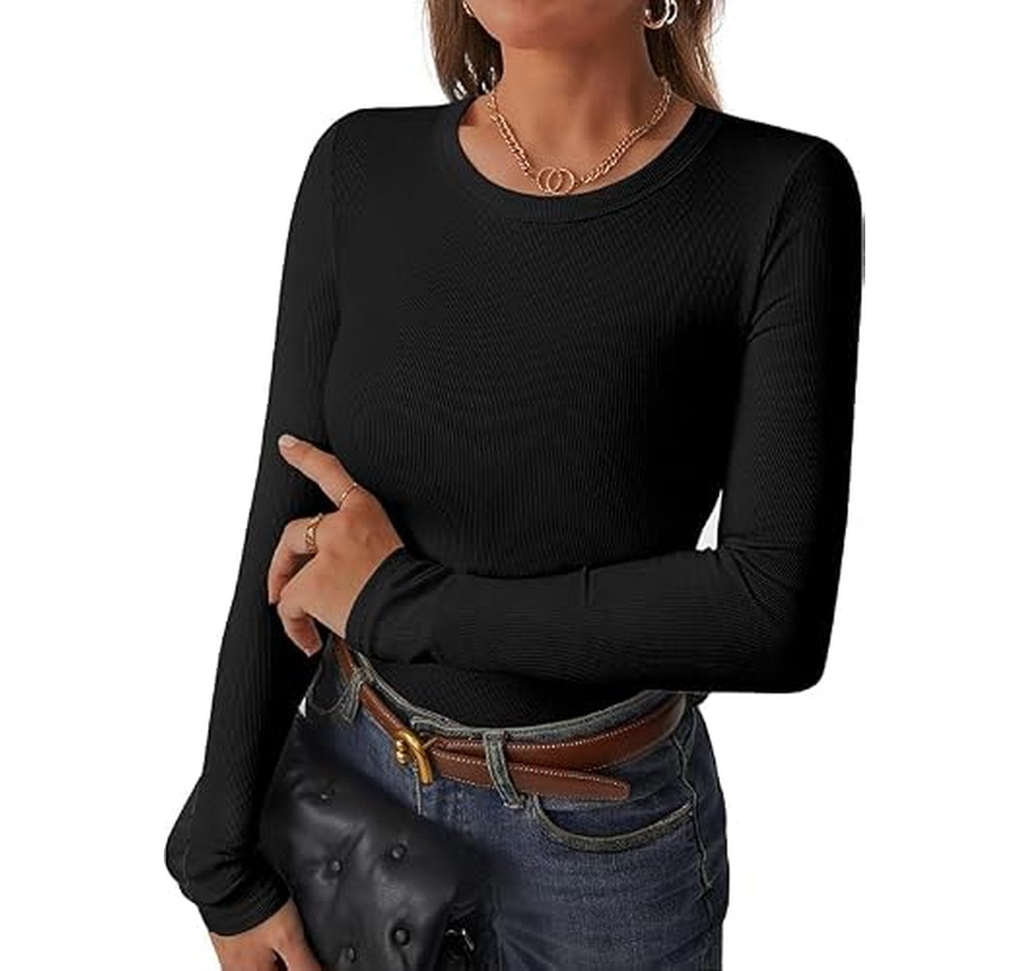 Ribbed Long Sleeve Slim Fit Crewneck T-Shirt