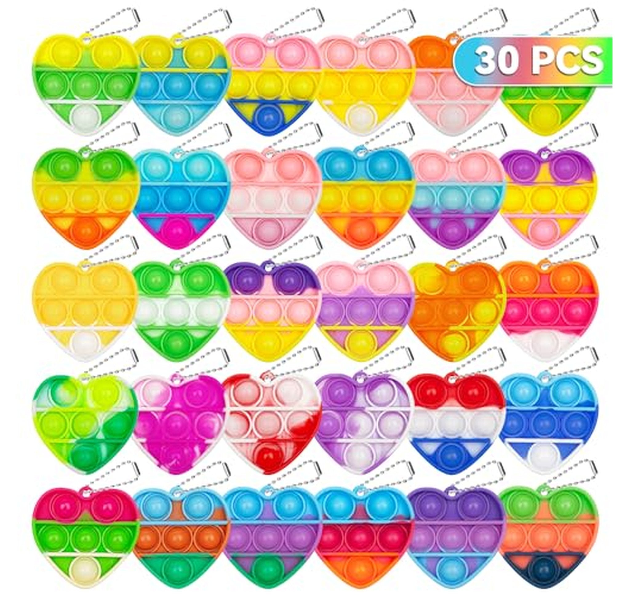 30 Pack Mini Heart Pop Fidget Keychain Toys
