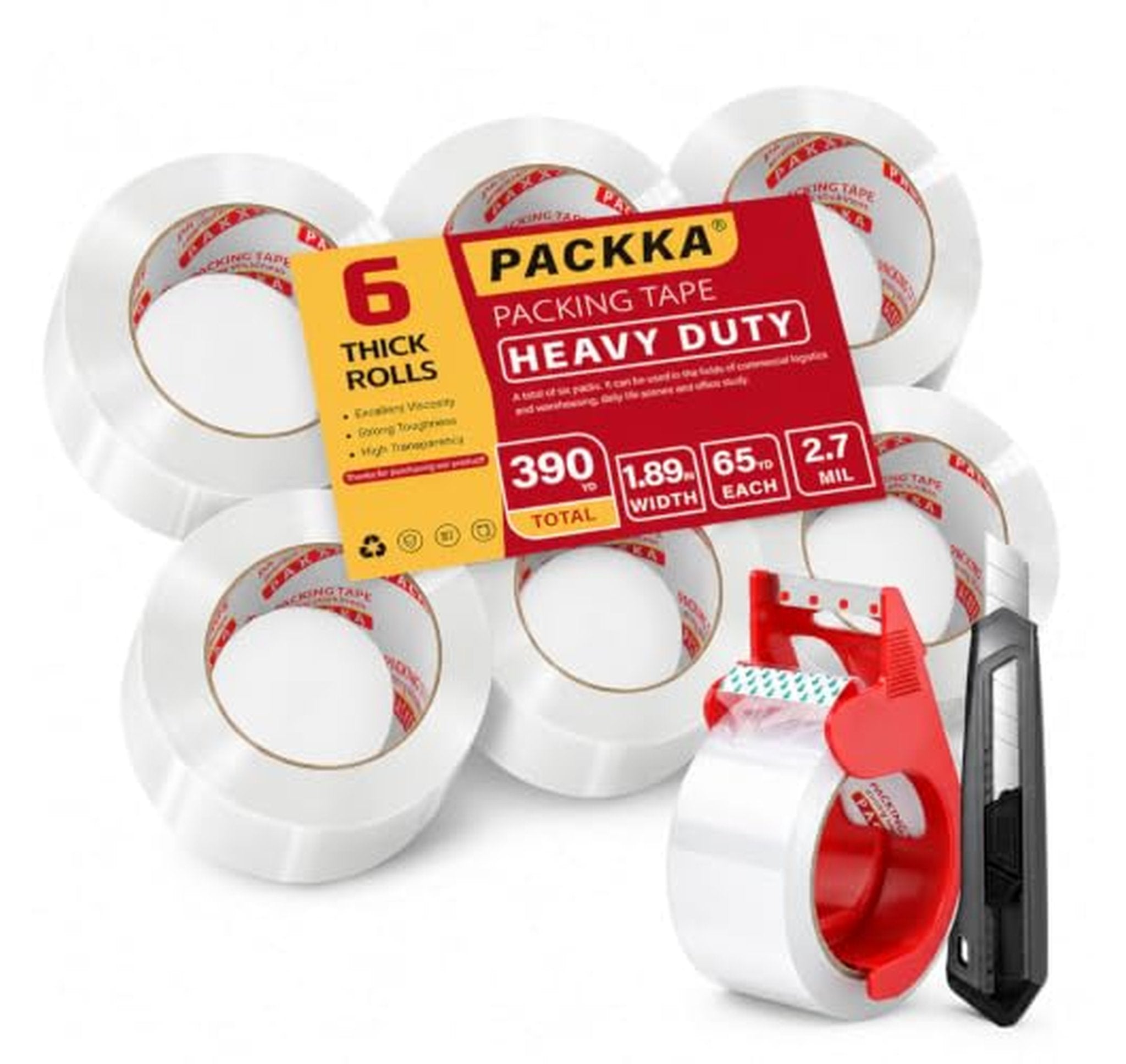 6 Pack Heavy Duty Packing Tape with Dispenser and Utility Knife