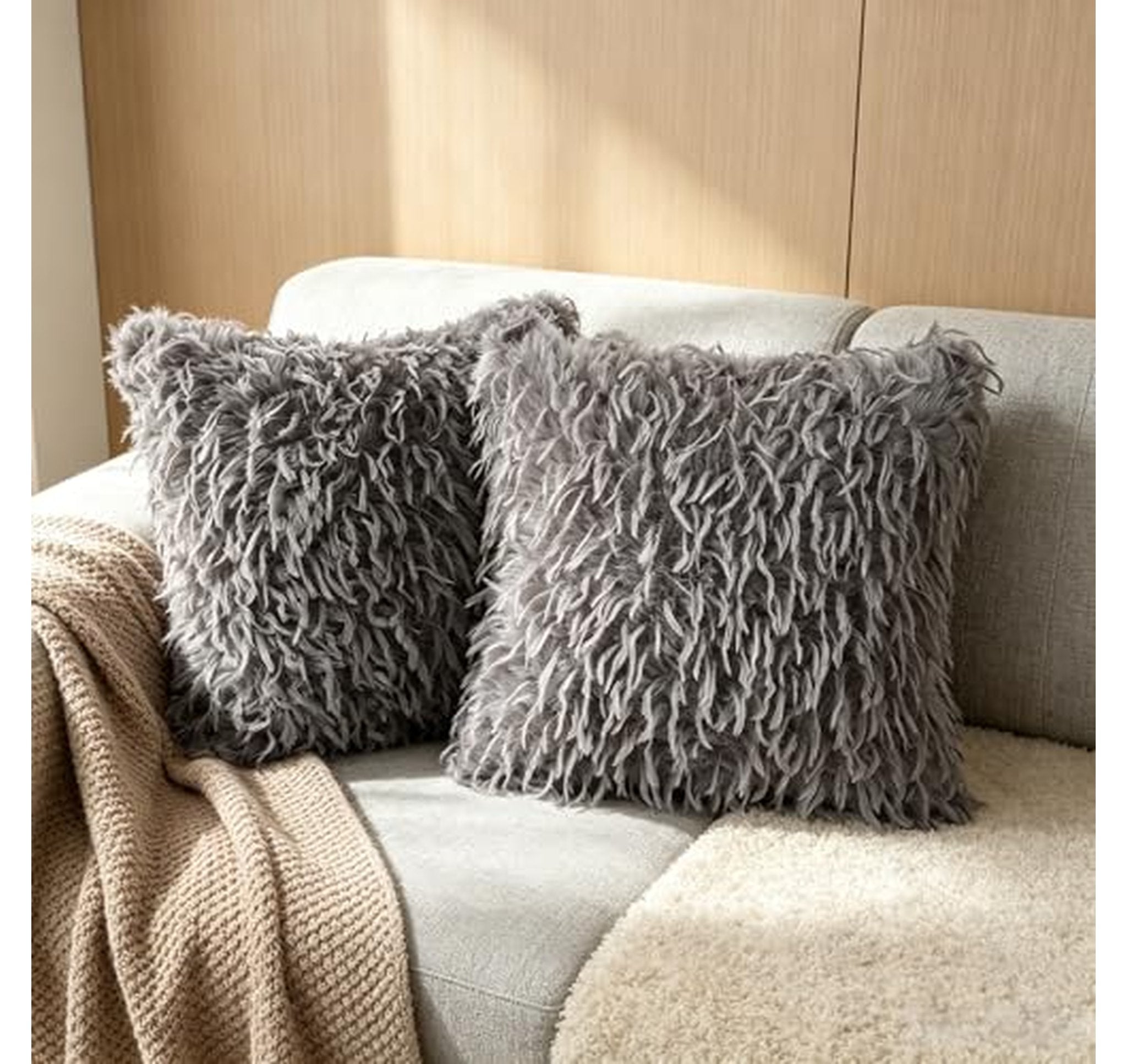 2 Pack Fluffy Faux Feather Throw Pillow Covers