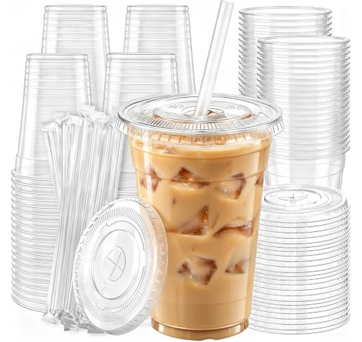 100 Pack 16 oz Disposable Plastic Cups with Lids