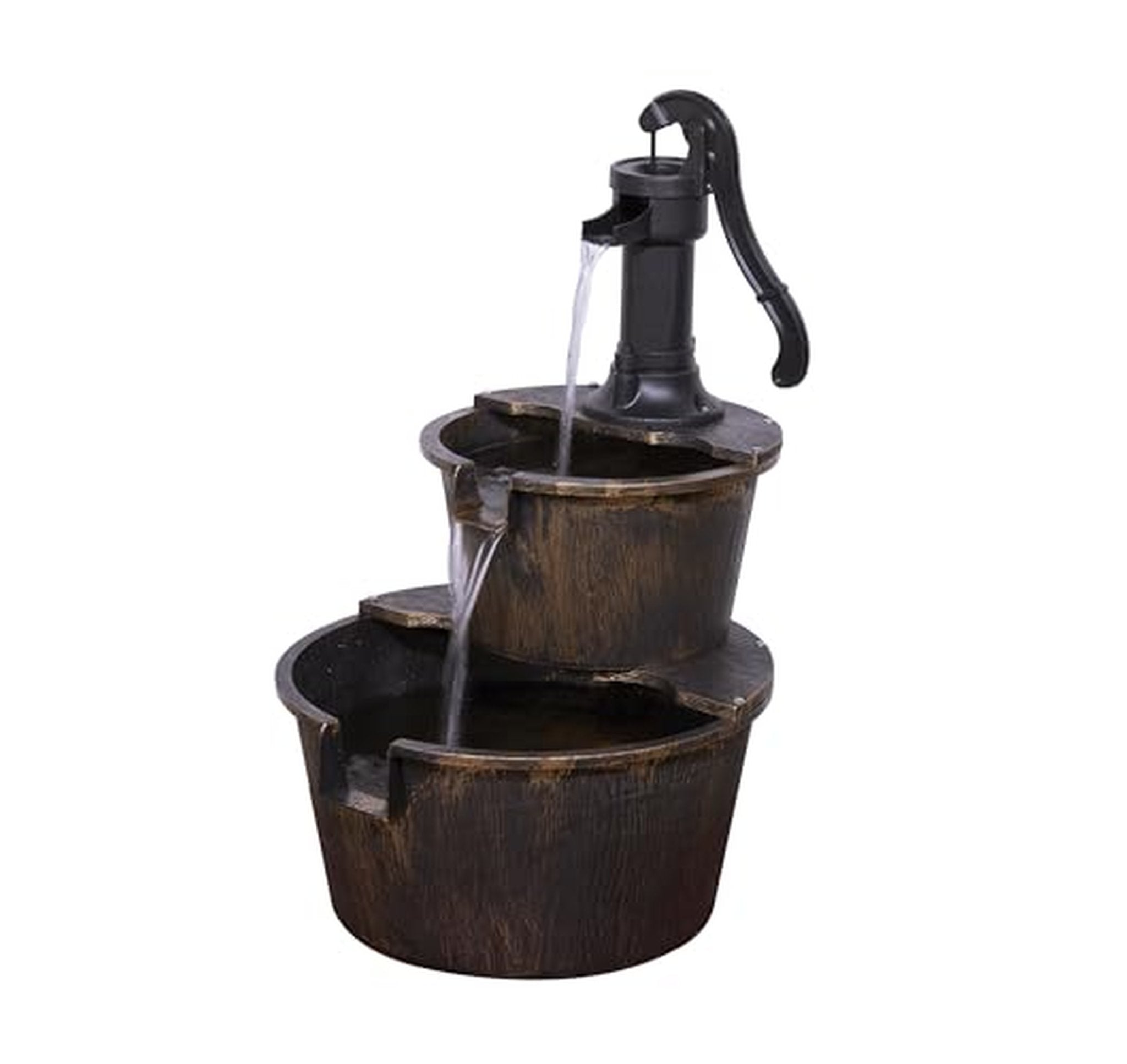 Rustic 2-Tier Barrel Pump Outdoor Water Fountain