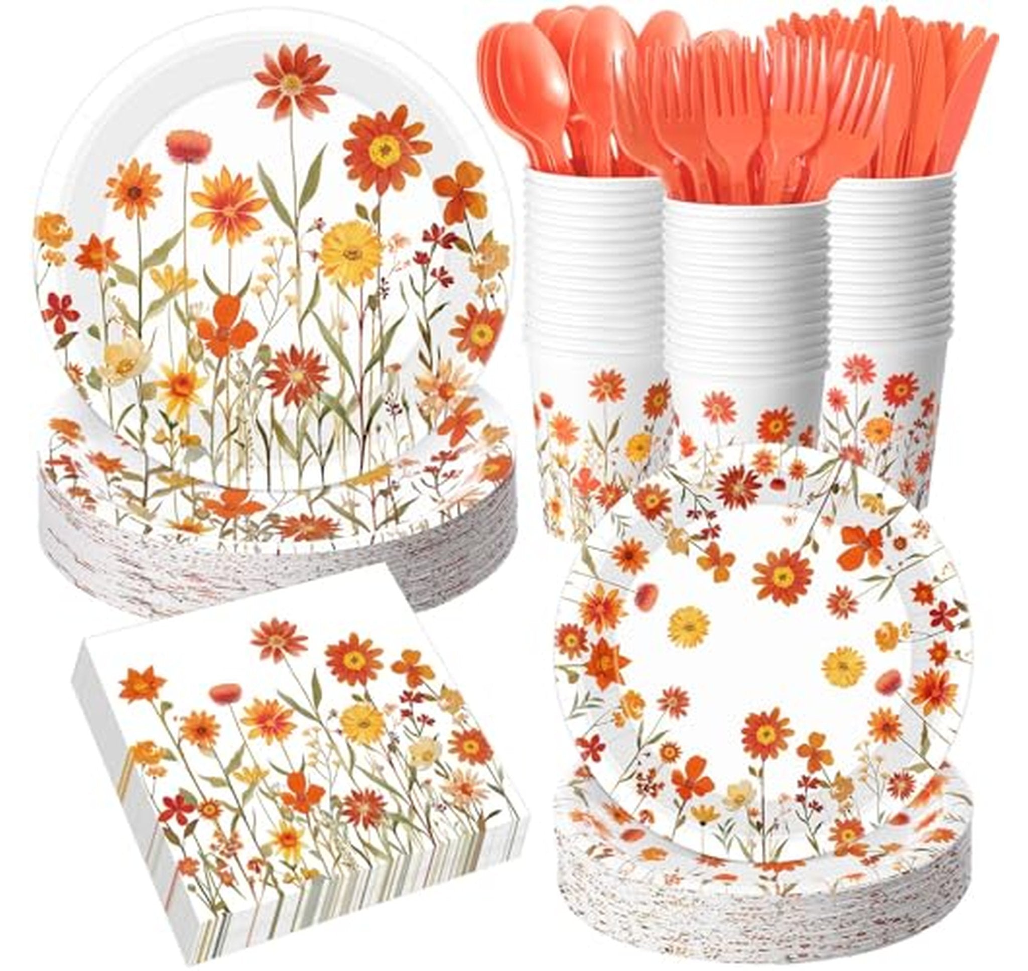 400 Count Fall Floral Paper Plates Napkins Cups Set