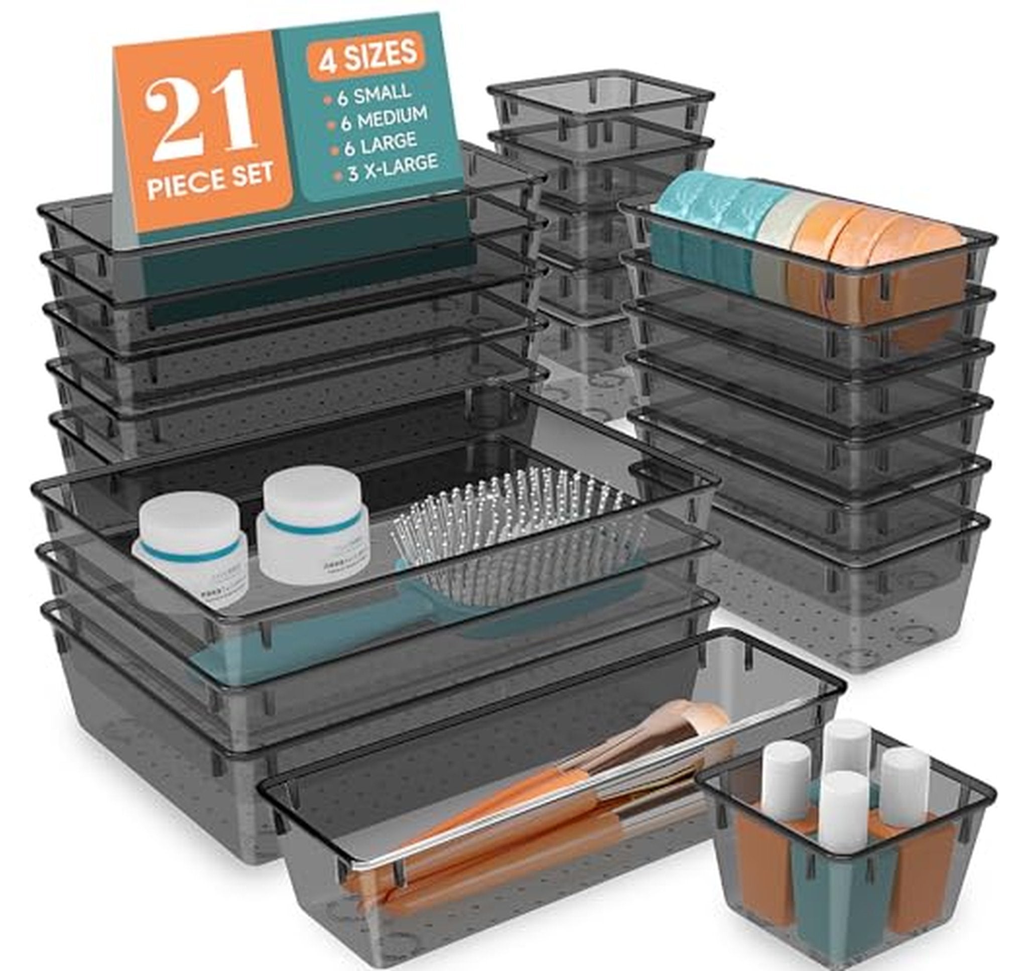 21 Pack Clear Plastic Drawer Organizer Bins Set