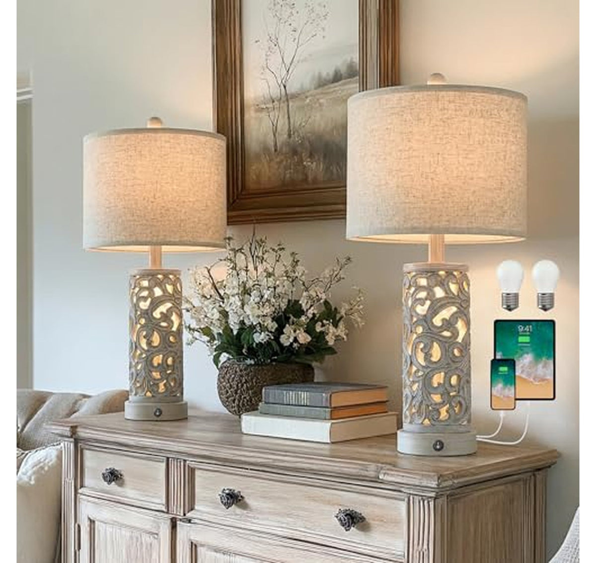 2 Pack Rustic Bedside Table Lamps with USB