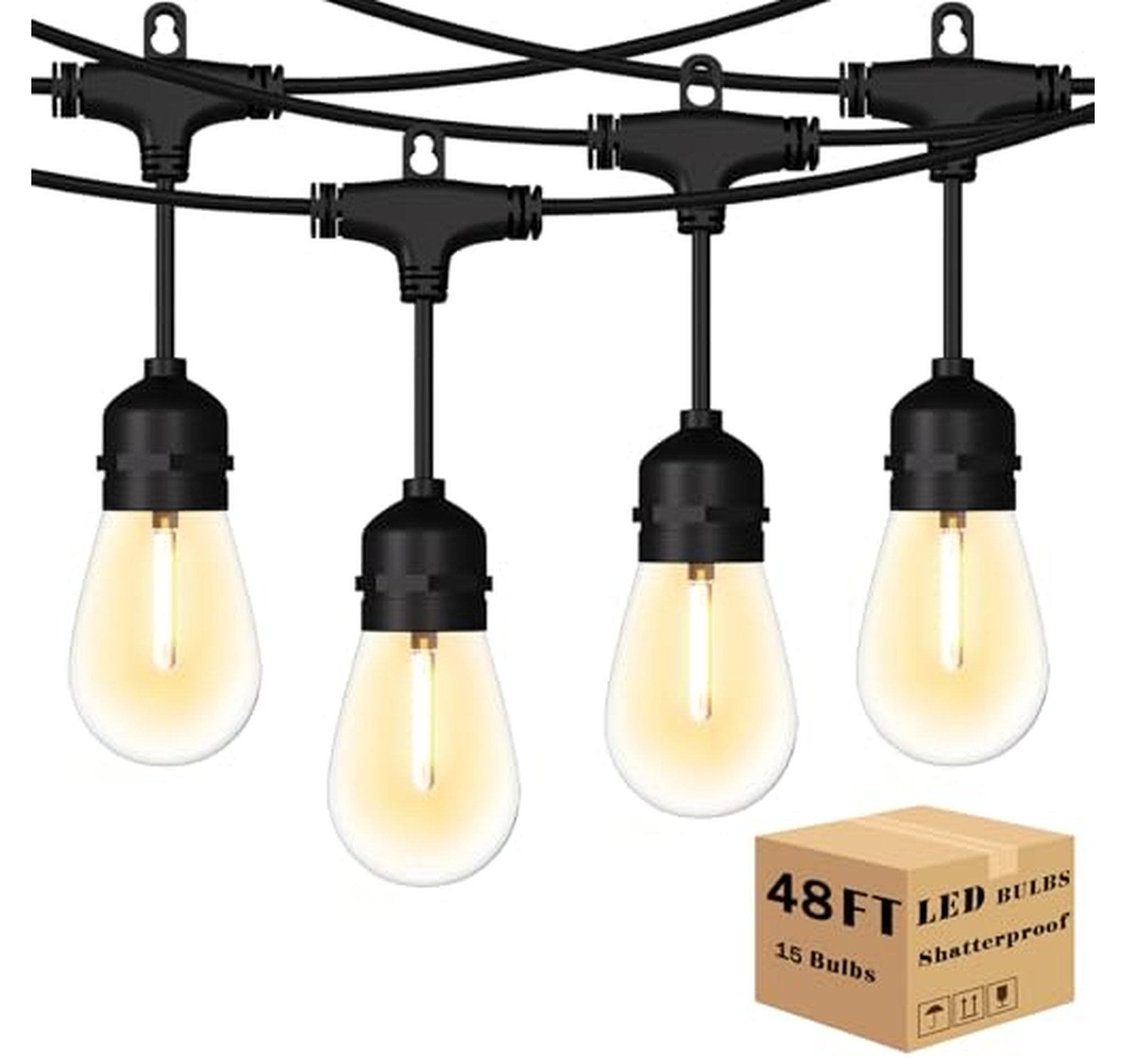 48 Ft LED Outdoor String Lights, S14 Shatterproof