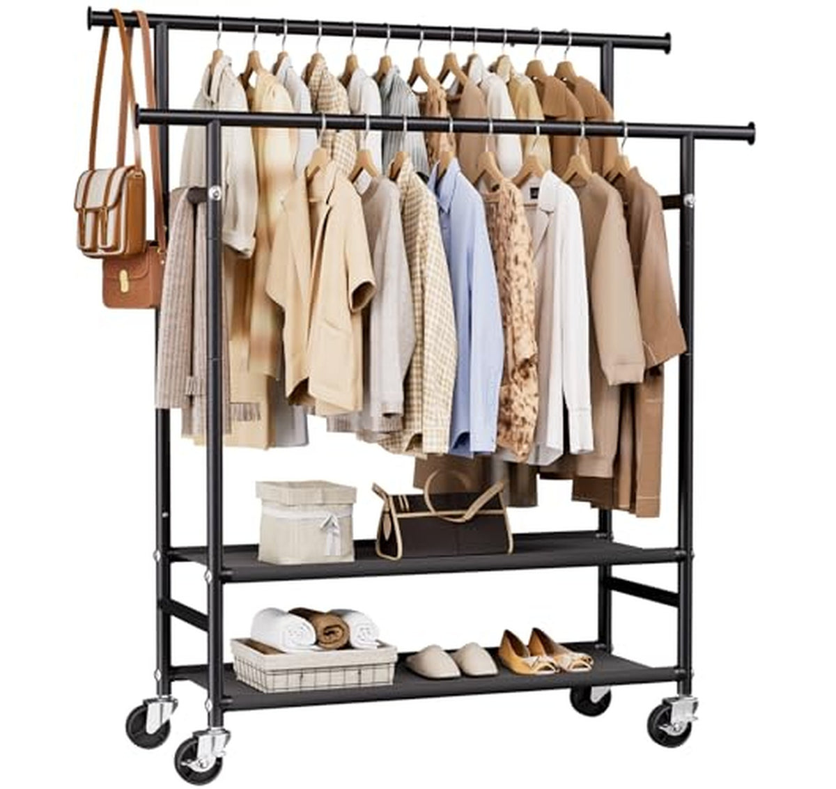 Double Rod Rolling Clothes Rack with Storage Shelves