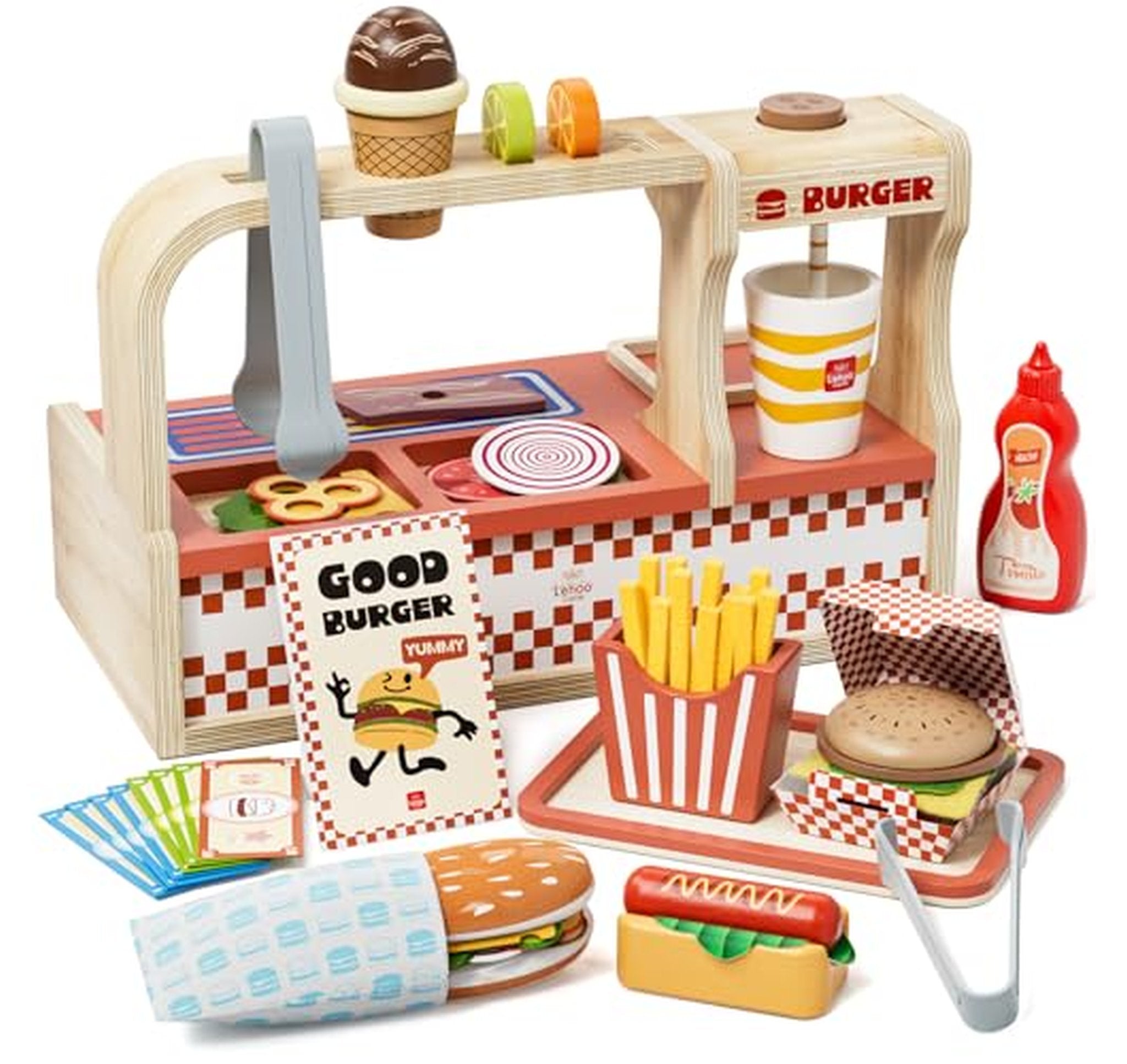 Wooden Play Food Hamburger Shop Counter Set